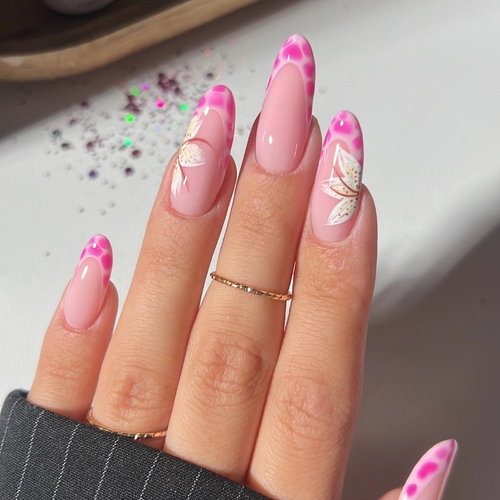 Pink Floral Design With Silver Accents Medium Almond Pink Floral Design With Silver Accents Medium Almond — Pink Almond Nails