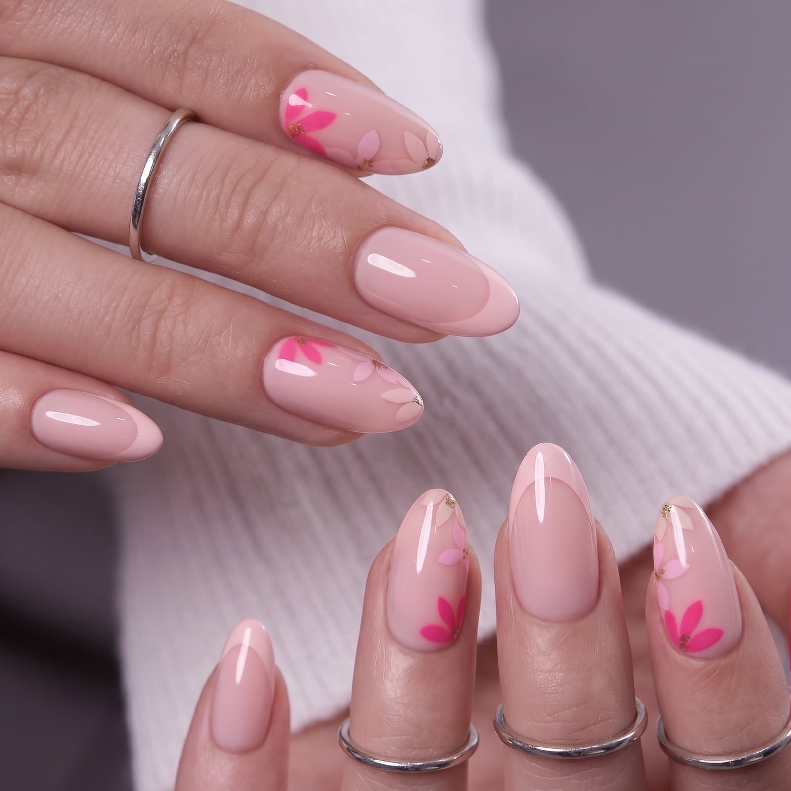 Pink Floral Swirls With Gold Accents Medium Almond Pink Floral Swirls With Gold Accents Medium Almond — Pink Almond Nails