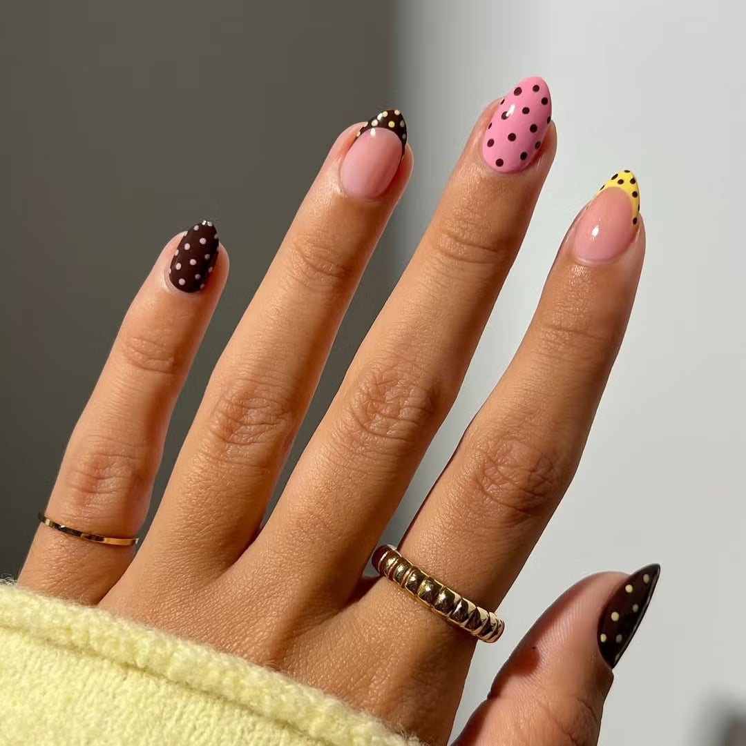 Multi-Color Polka Dot French Medium Almond Nails Multi-Color Polka Dot French Medium Almond Nails — Pink Almond Nails