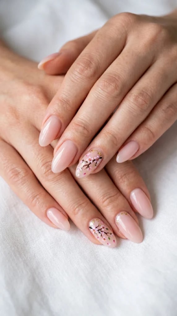 Sakura Branch Art Medium Almond Nails Sakura Branch Art Medium Almond Nails — Pink Almond Nails
