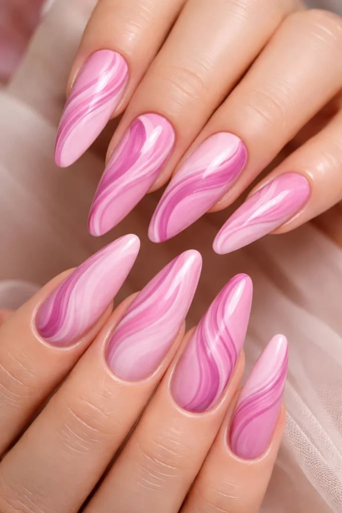 Milky Marbled Pink And White Long Almond Nails Milky Marbled Pink And White Long Almond Nails — Pink Almond Nails