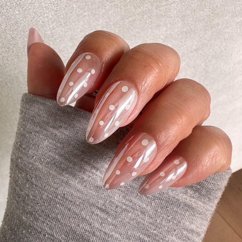 White Polka Dot Sheer Pink Long Almond Nails White Polka Dot Sheer Pink Long Almond Nails — Pink Almond Nails
