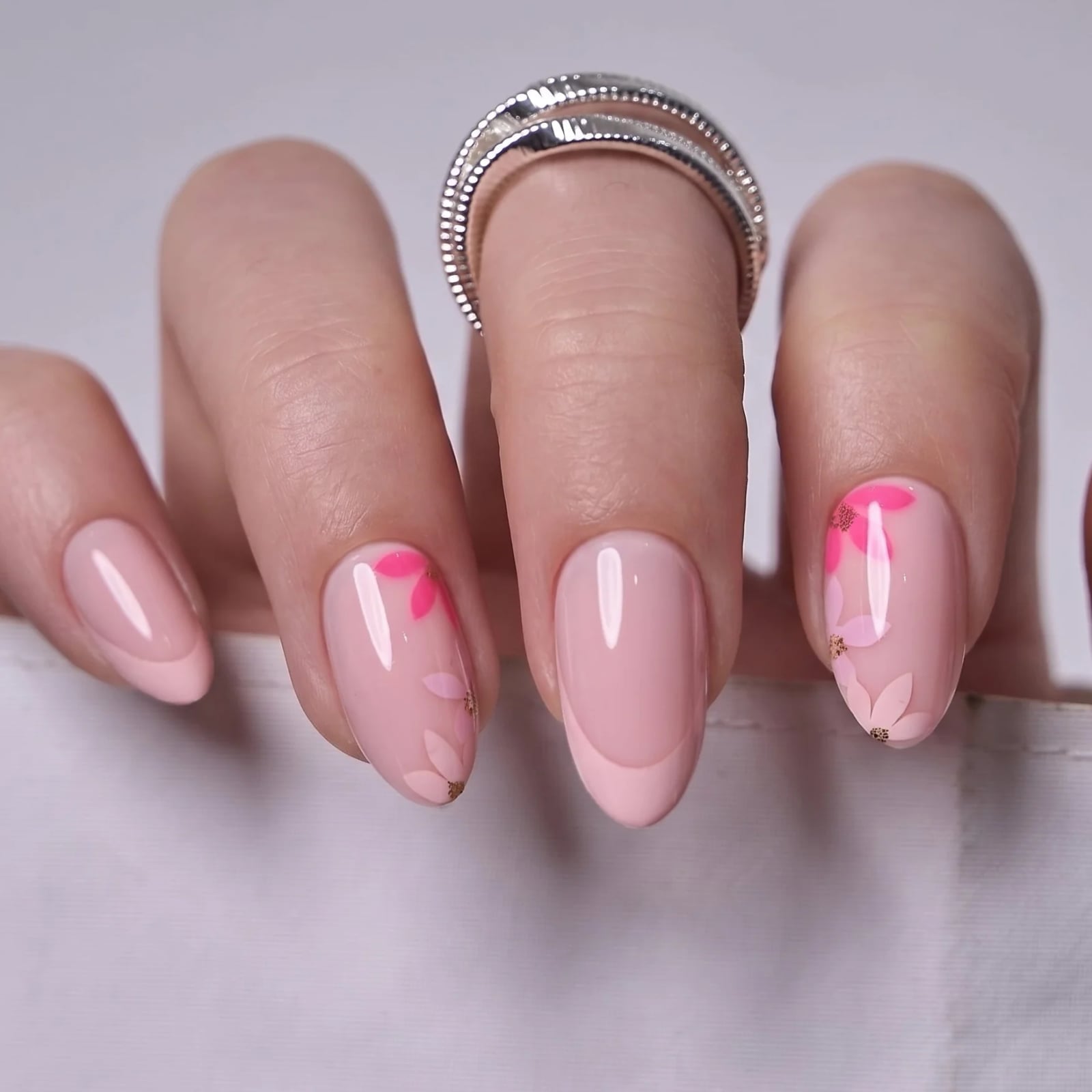 White Polka Dots On Sheer Pink Chrome Almond White Polka Dots On Sheer Pink Chrome Almond — Pink Almond Nails