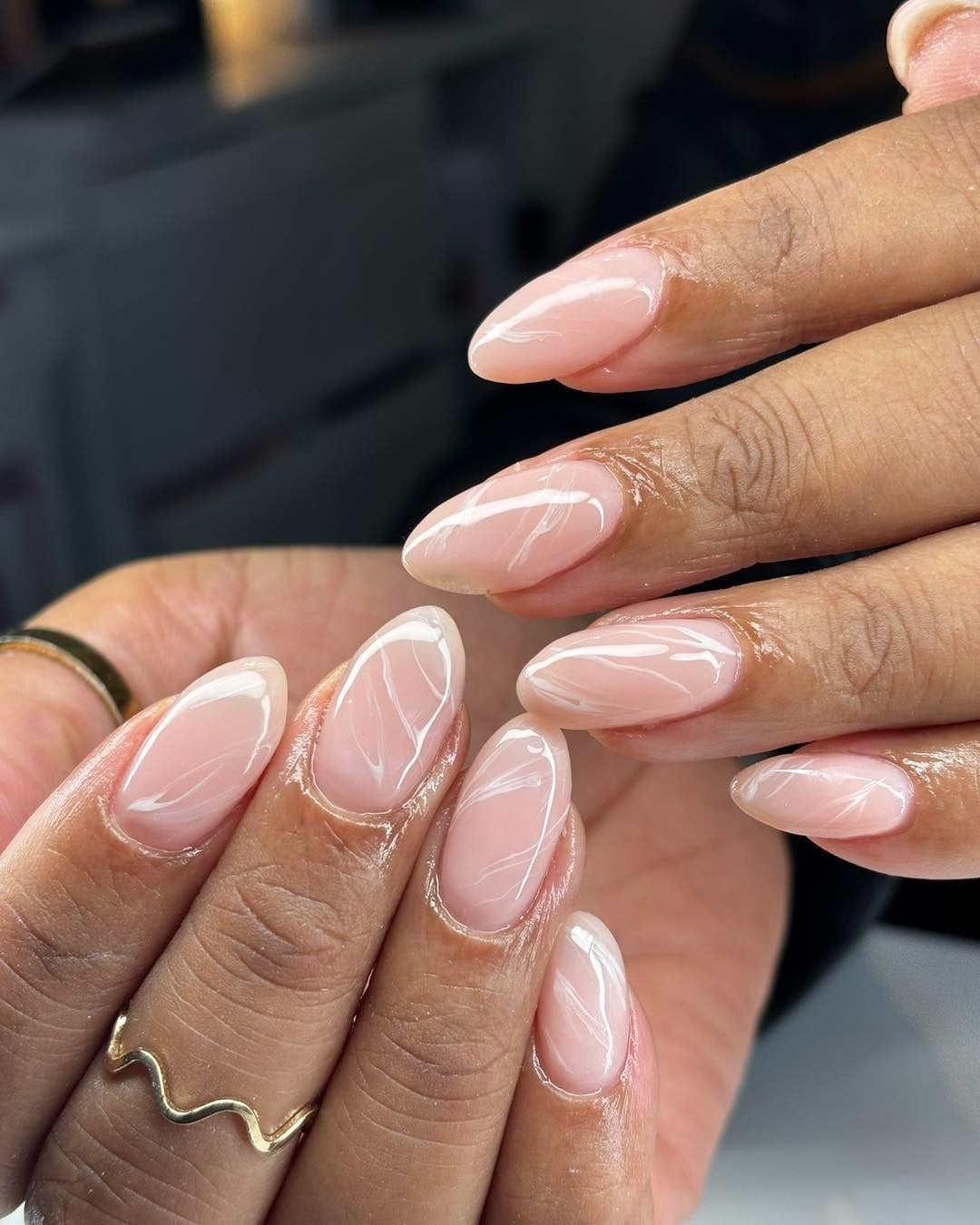 Abstract White Lines Sheer Pink Glossy Almond Abstract White Lines Sheer Pink Glossy Almond — Pink Almond Nails