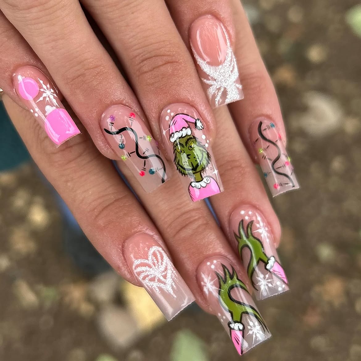 Pink And Green Grinch Holiday Nail Art