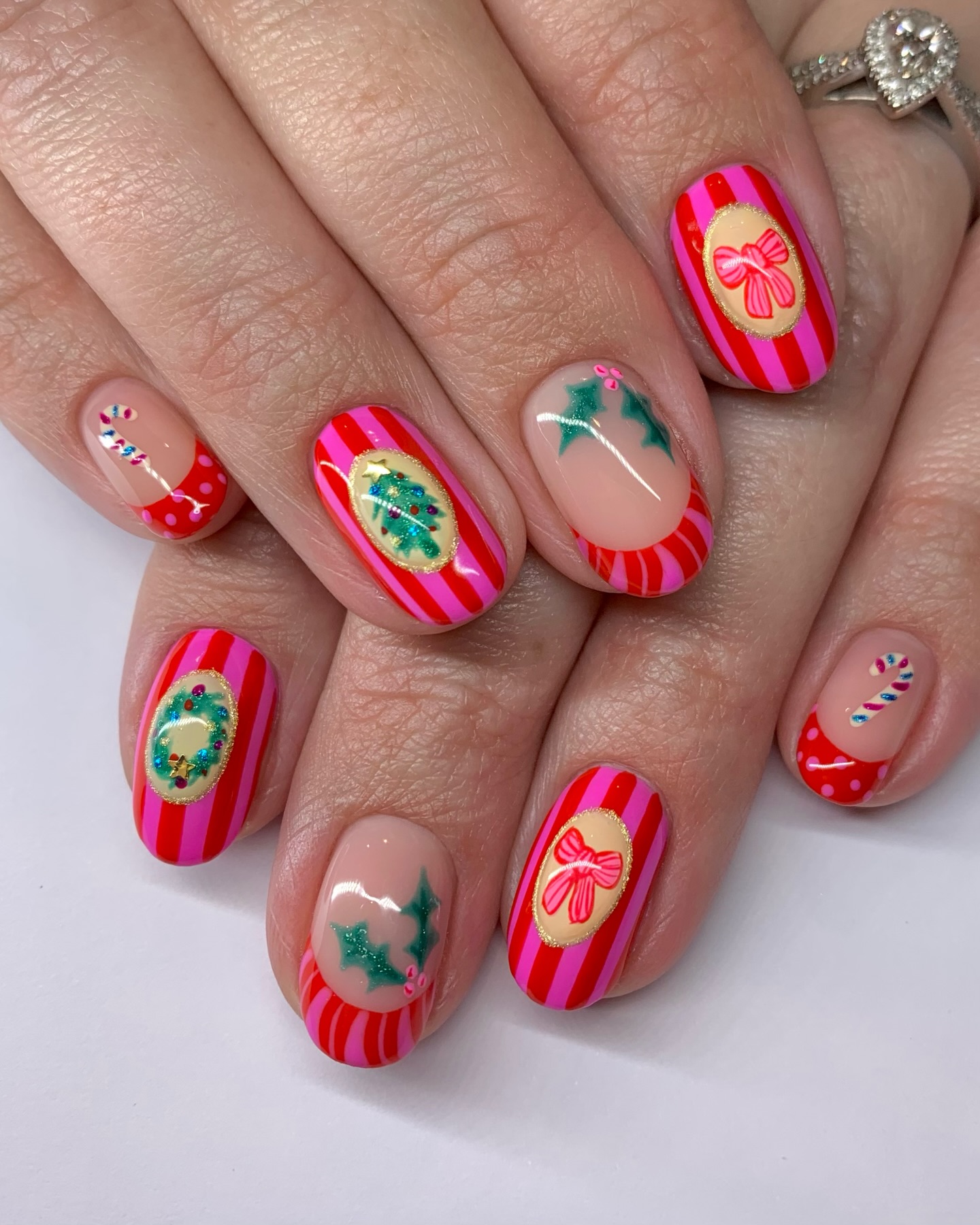 Pink and Red Candy Cane Christmas French Tips