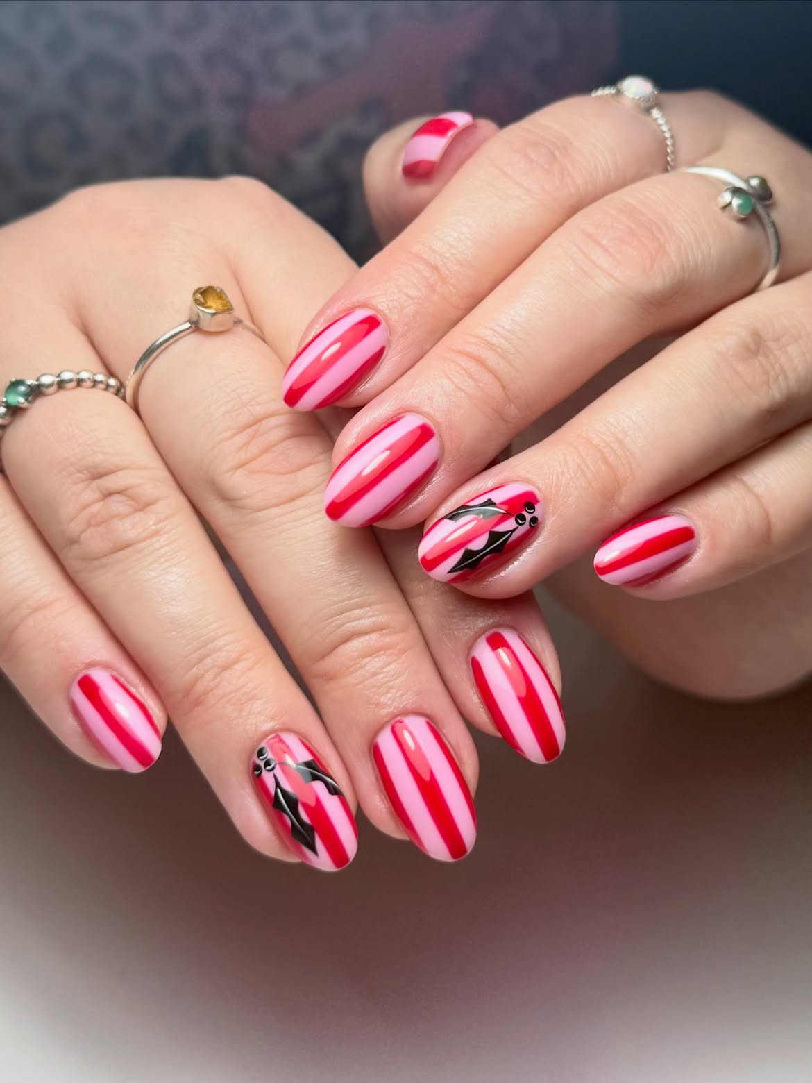 Pink and Red Candy Cane Striped Nails with Bats