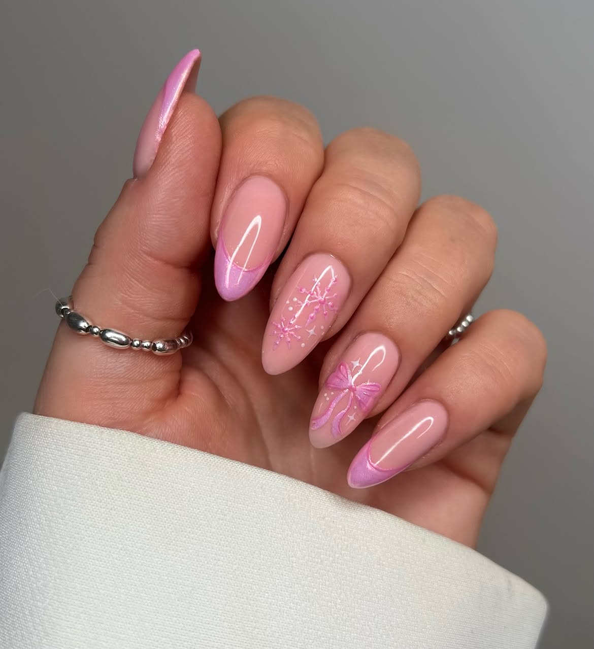Pink Bow and Snowflake French Tips