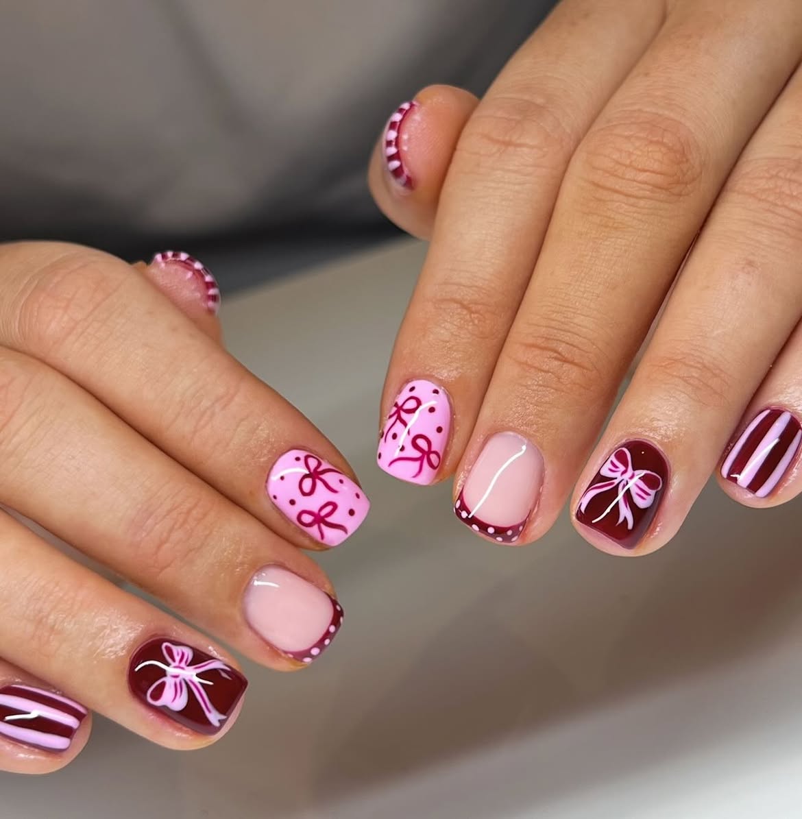 Pink Bow Candy Cane French Tip Nails