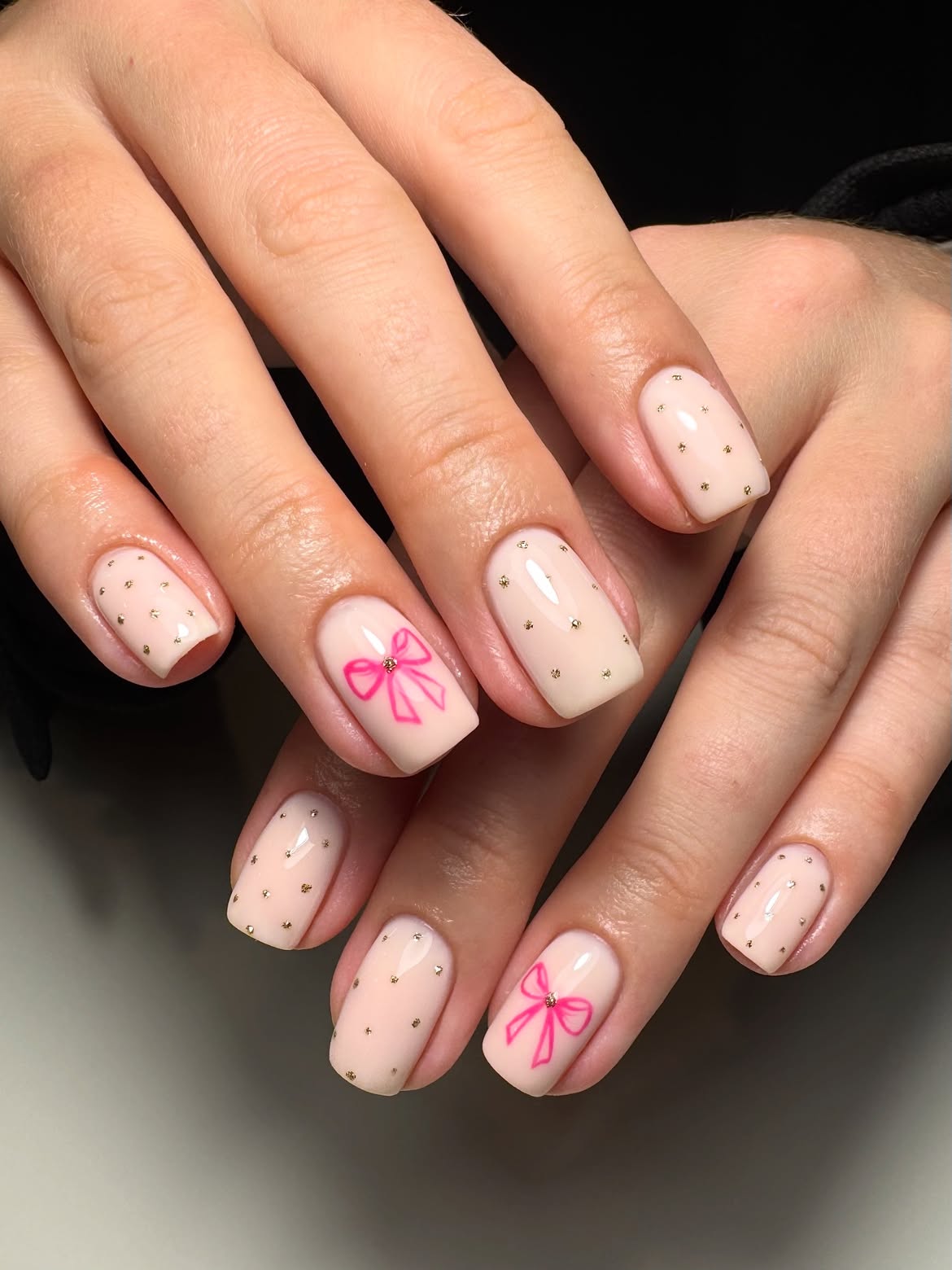 Pink Bows and Gold Dots Square Nails