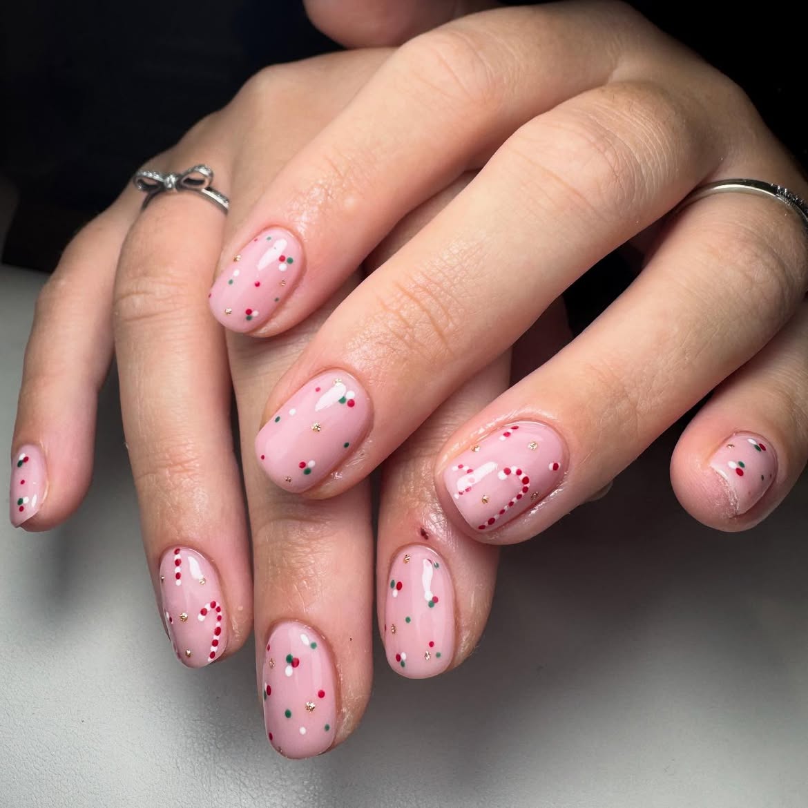 Pink Candy Cane Dot and Swirl Nails