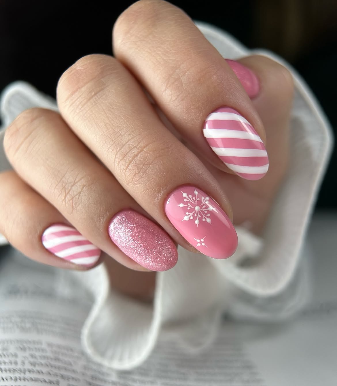 Pink Candy Cane Snowflake French Nails