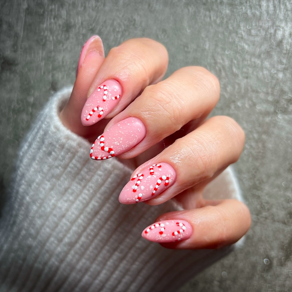 Pink Candy Cane Swirl Almond Nails