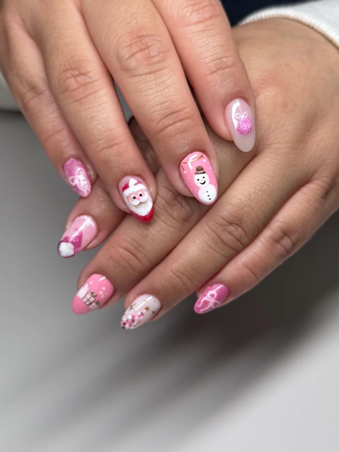 Pink Christmas Santa And Snowman Nail Art