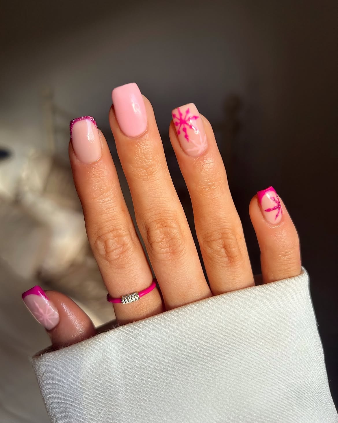 Pink Christmas Snowflake French Tips