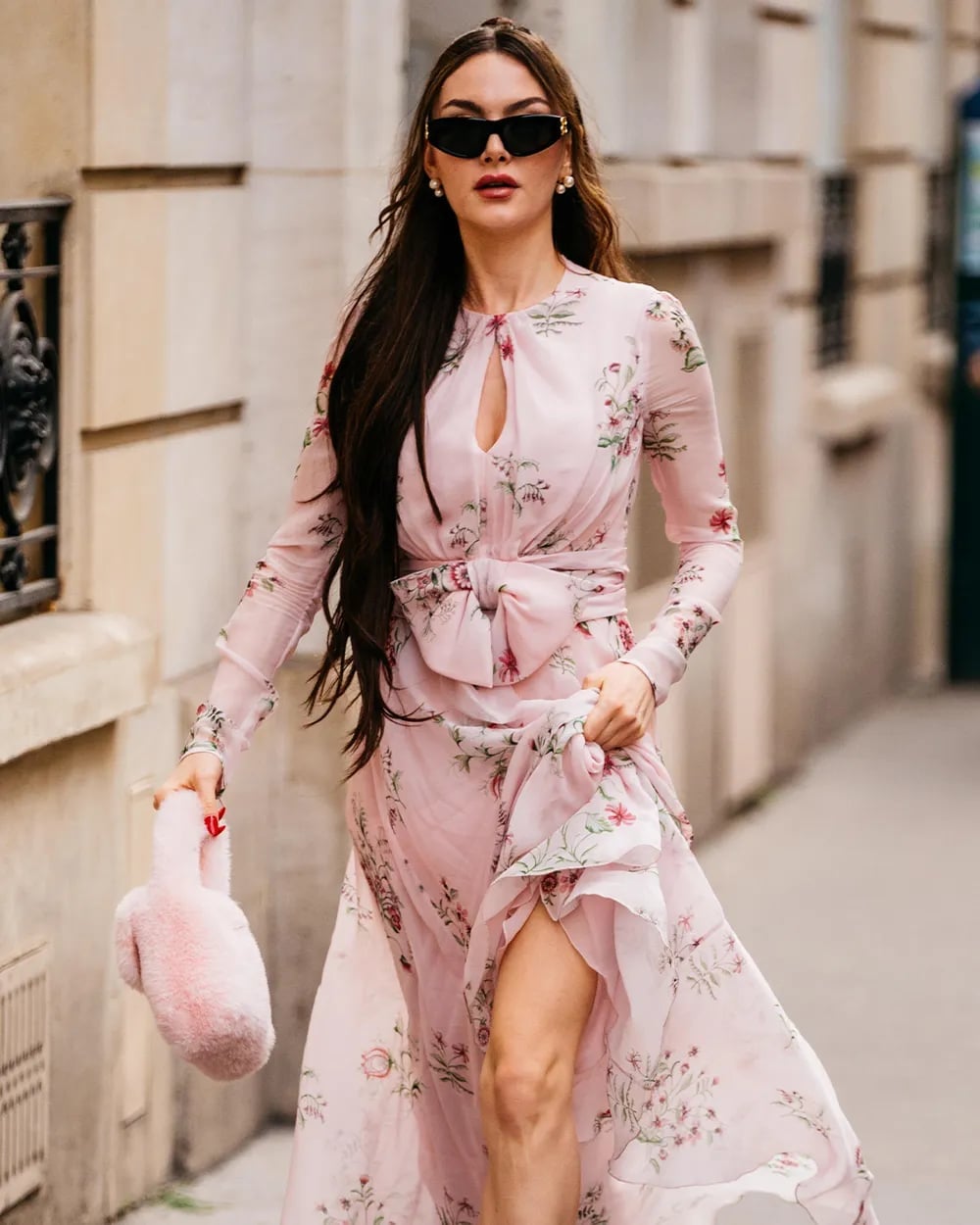 Pale pink chiffon floral print maxi dress with bow Pale pink chiffon floral print maxi dress with bow — Pink Dress