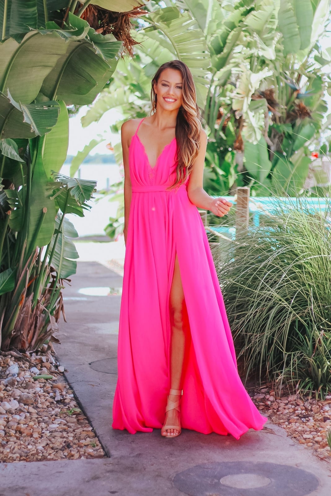 Bright pink chiffon plunging neckline a-line maxi dress Bright pink chiffon plunging neckline a-line maxi dress — Pink Dress