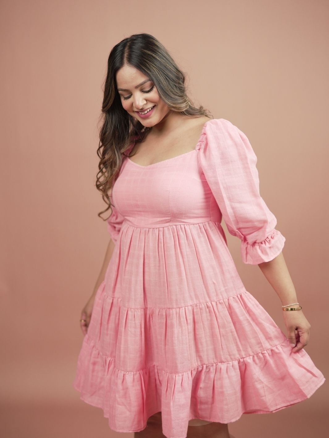 Blossom pink tiered short dress with puff sleeves Blossom pink tiered short dress with puff sleeves — Pink Dress