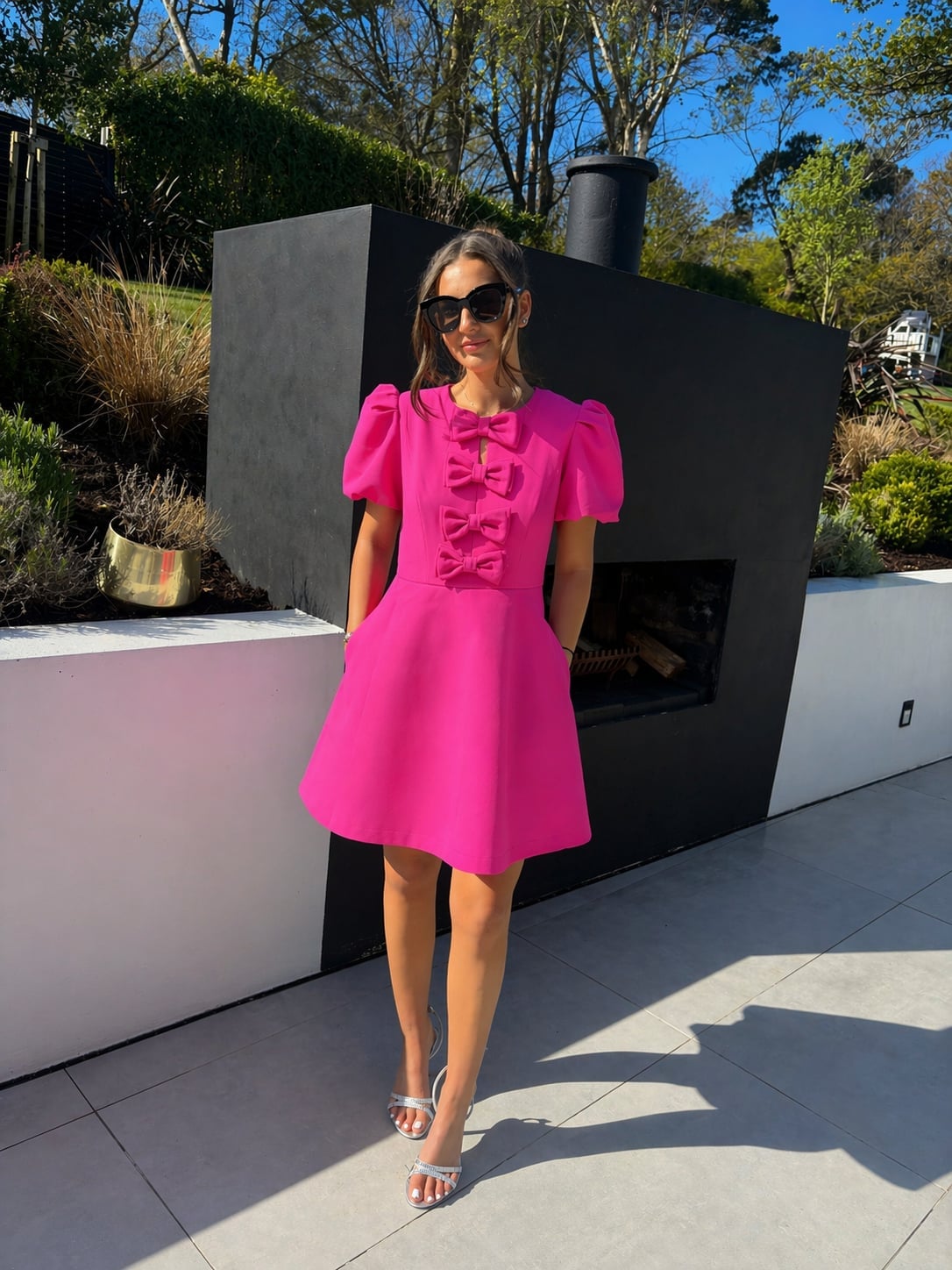 Hot pink mini dress with puff sleeves and bow details Hot pink mini dress with puff sleeves and bow details — Pink Dress