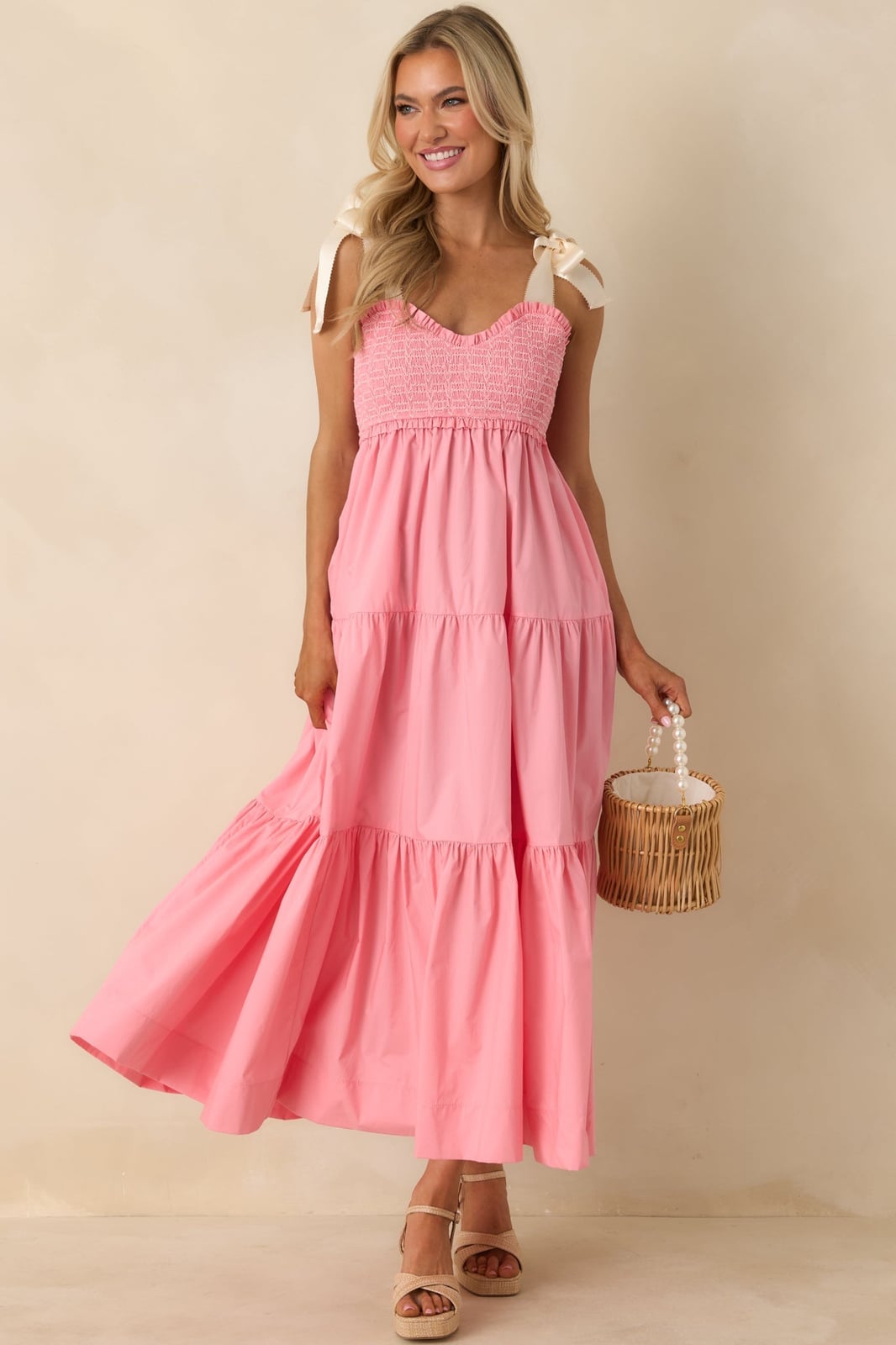 Pink cotton tiered maxi dress with smocked bodice Pink cotton tiered maxi dress with smocked bodice — Pink Dress