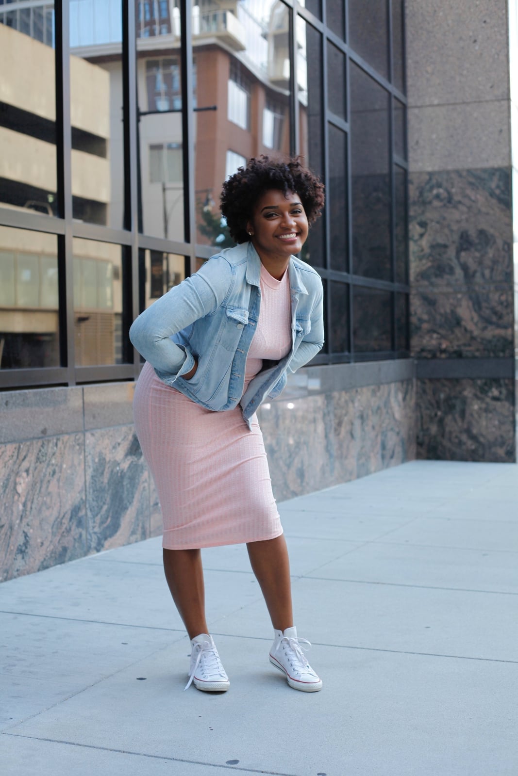 Light pink ribbed midi dress with denim jacket Light pink ribbed midi dress with denim jacket — Pink Dress