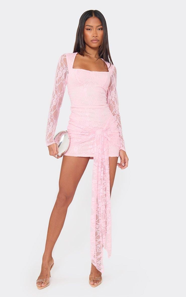 Baby pink lace bodycon mini dress with draped skirt Baby pink lace bodycon mini dress with draped skirt — Pink Dress