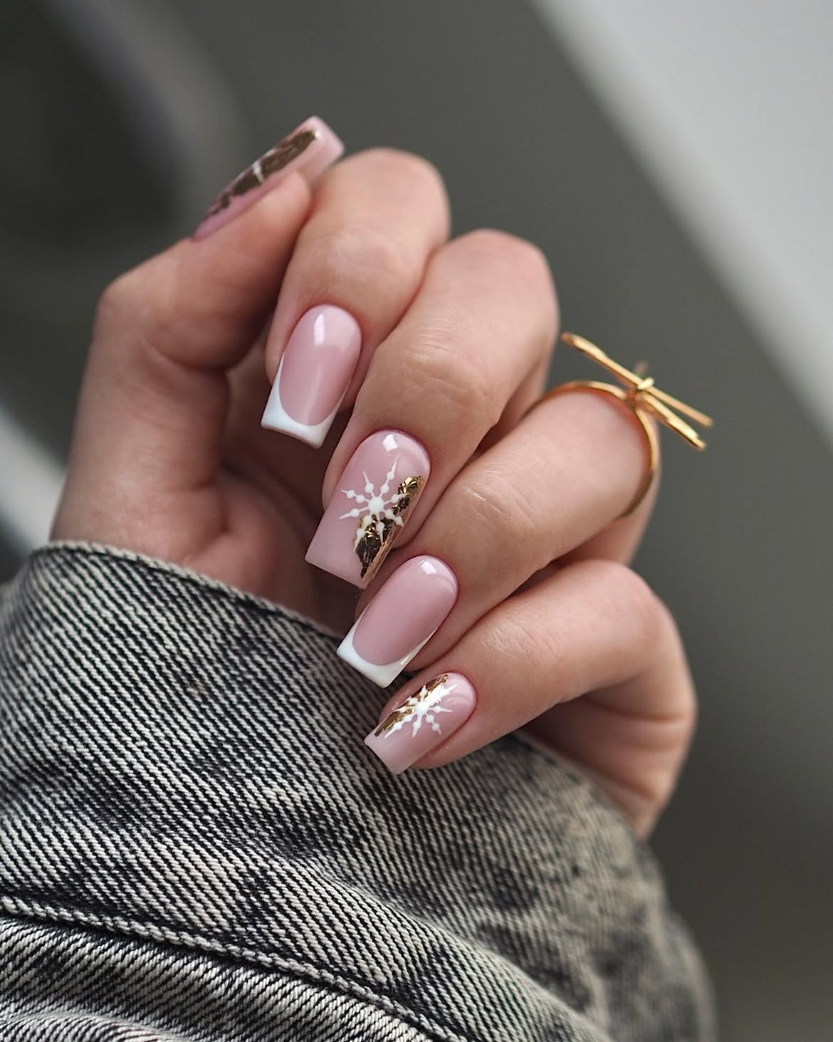 Pink French Snowflake Square Nails