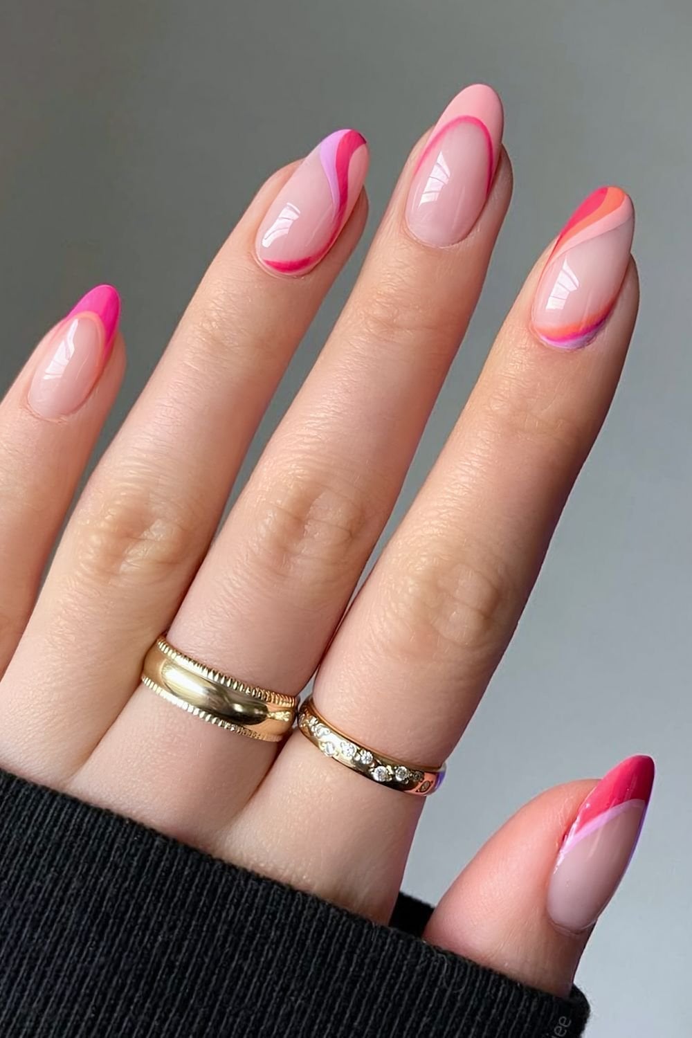 Abstract Pink Orange Purple French Tips Short Almond Nails Abstract Pink Orange Purple French Tips Short Almond Nails — Pink French Tip Nails
