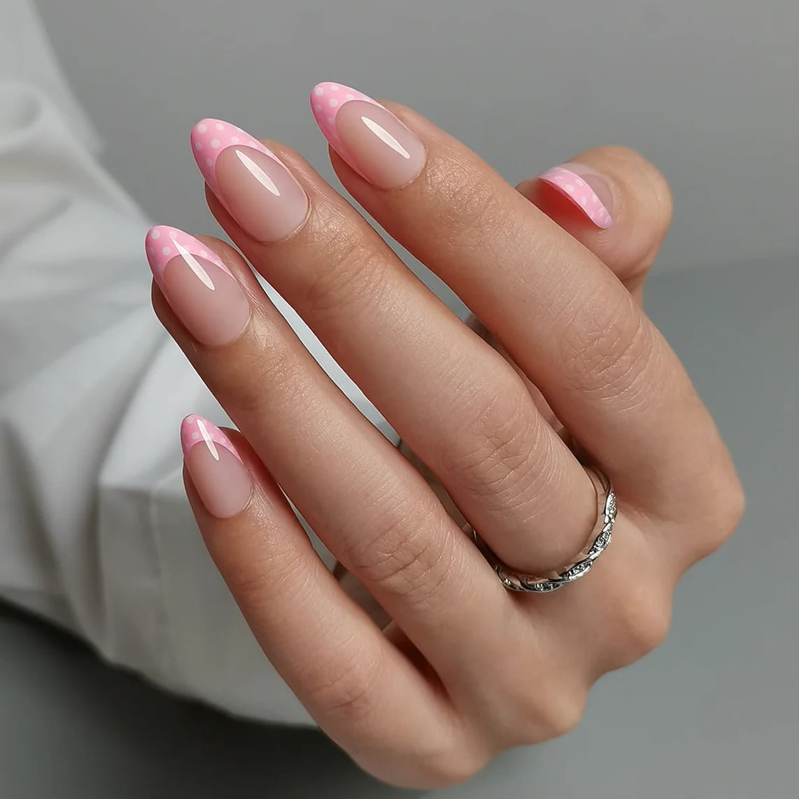 Pink Polka Dot French Tips Short Almond Nails Pink Polka Dot French Tips Short Almond Nails — Pink French Tip Nails