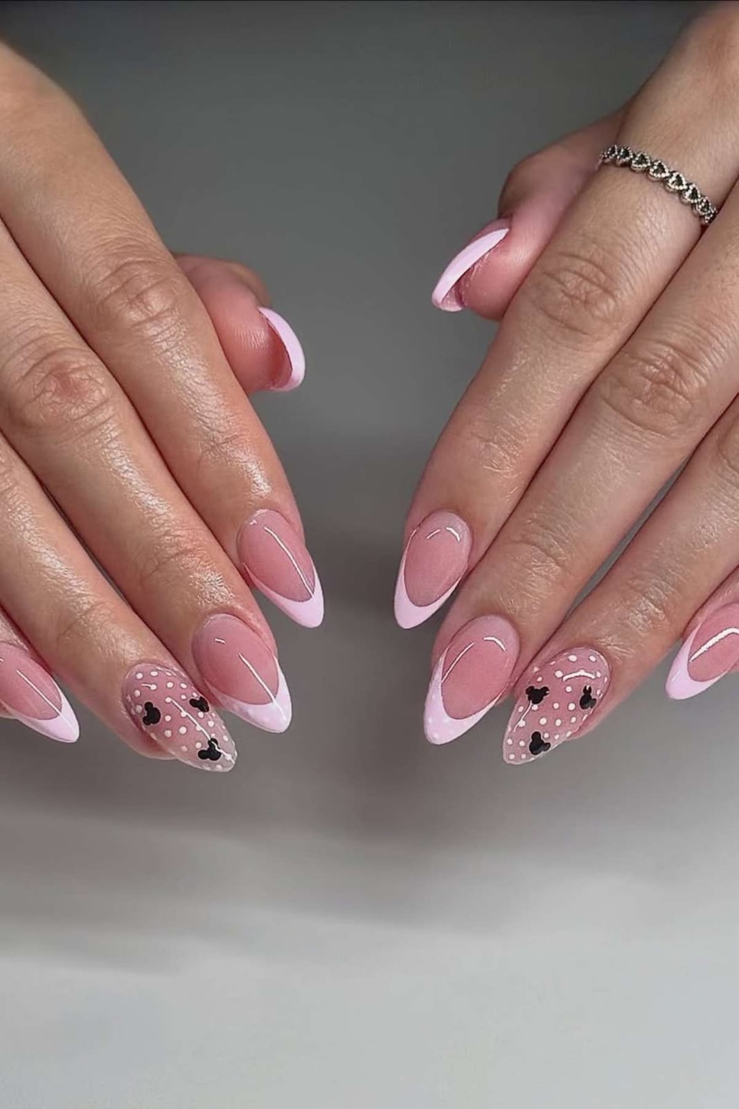 Mickey Mouse Polka Dot French Tips Medium Almond Nails Mickey Mouse Polka Dot French Tips Medium Almond Nails — Pink French Tip Nails
