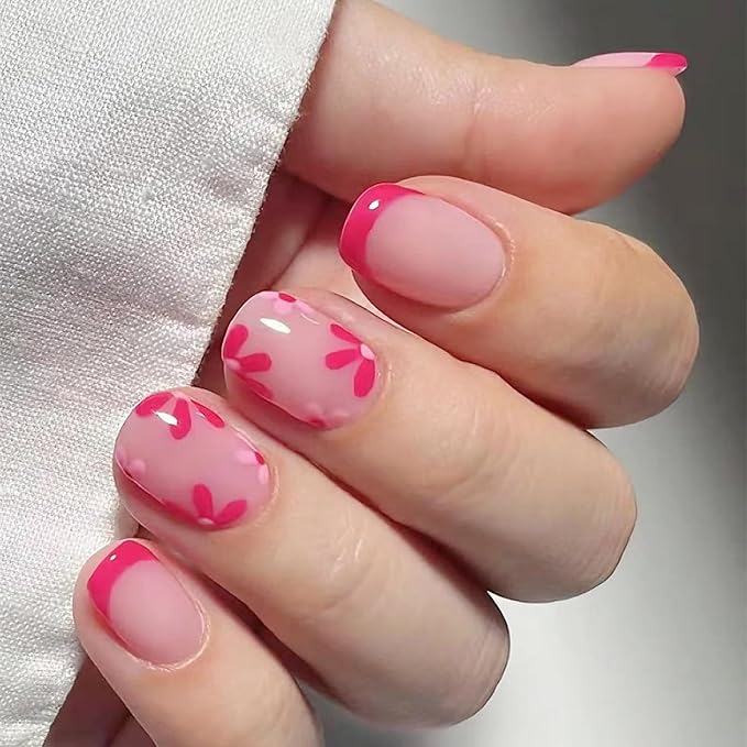 Pink Flower Decal French Tips Short Oval Nails Pink Flower Decal French Tips Short Oval Nails — Pink French Tip Nails