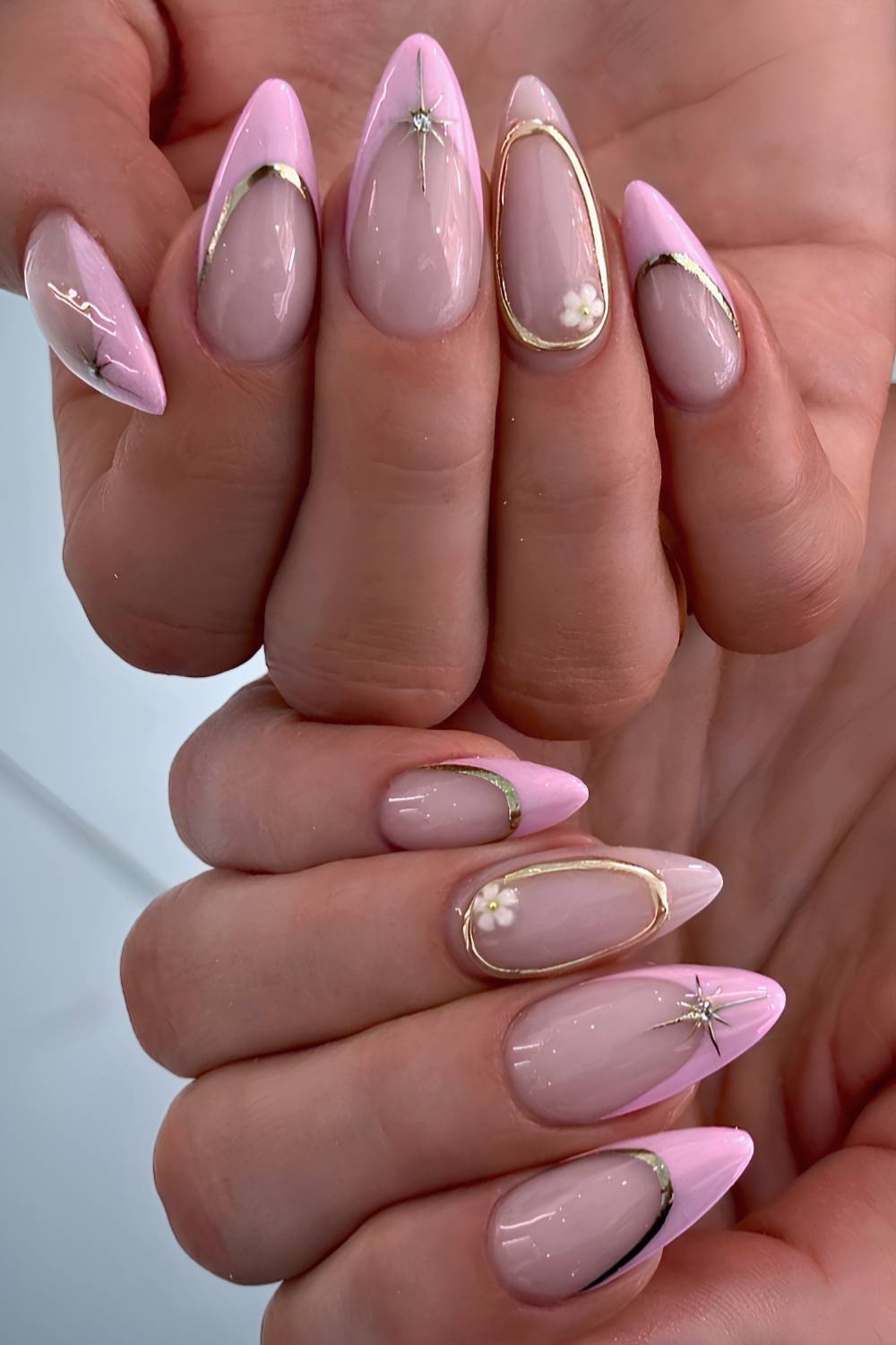 Gold Framed Floral Pink French Tips Short Almond Nails Gold Framed Floral Pink French Tips Short Almond Nails — Pink French Tip Nails