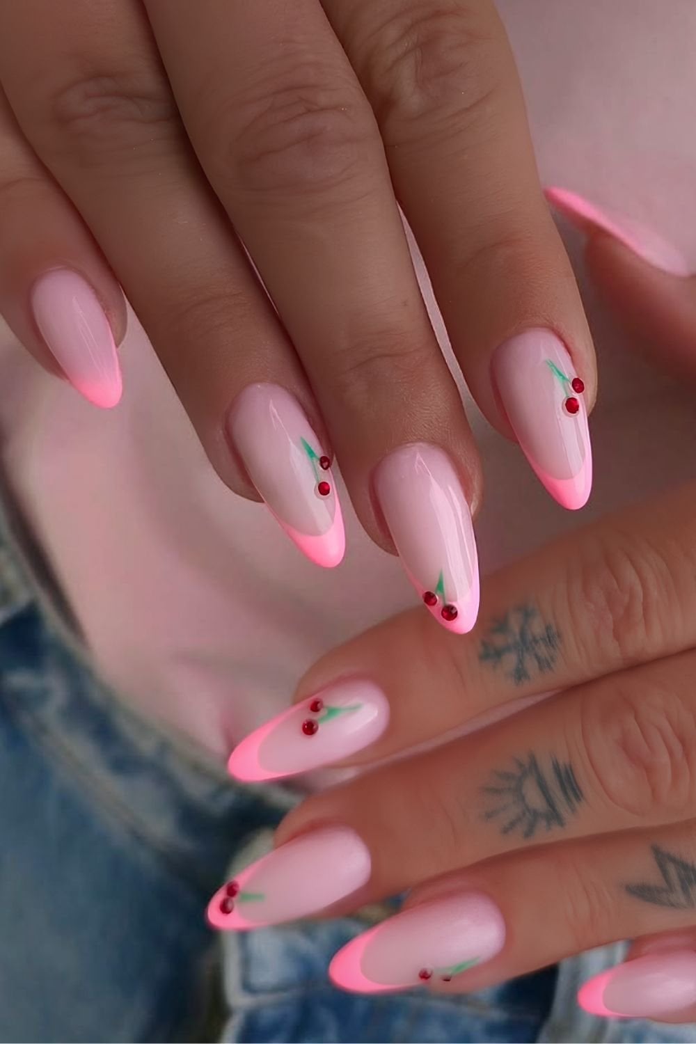 Cherry Motif Pink French Tips Short Almond Nails Cherry Motif Pink French Tips Short Almond Nails — Pink French Tip Nails