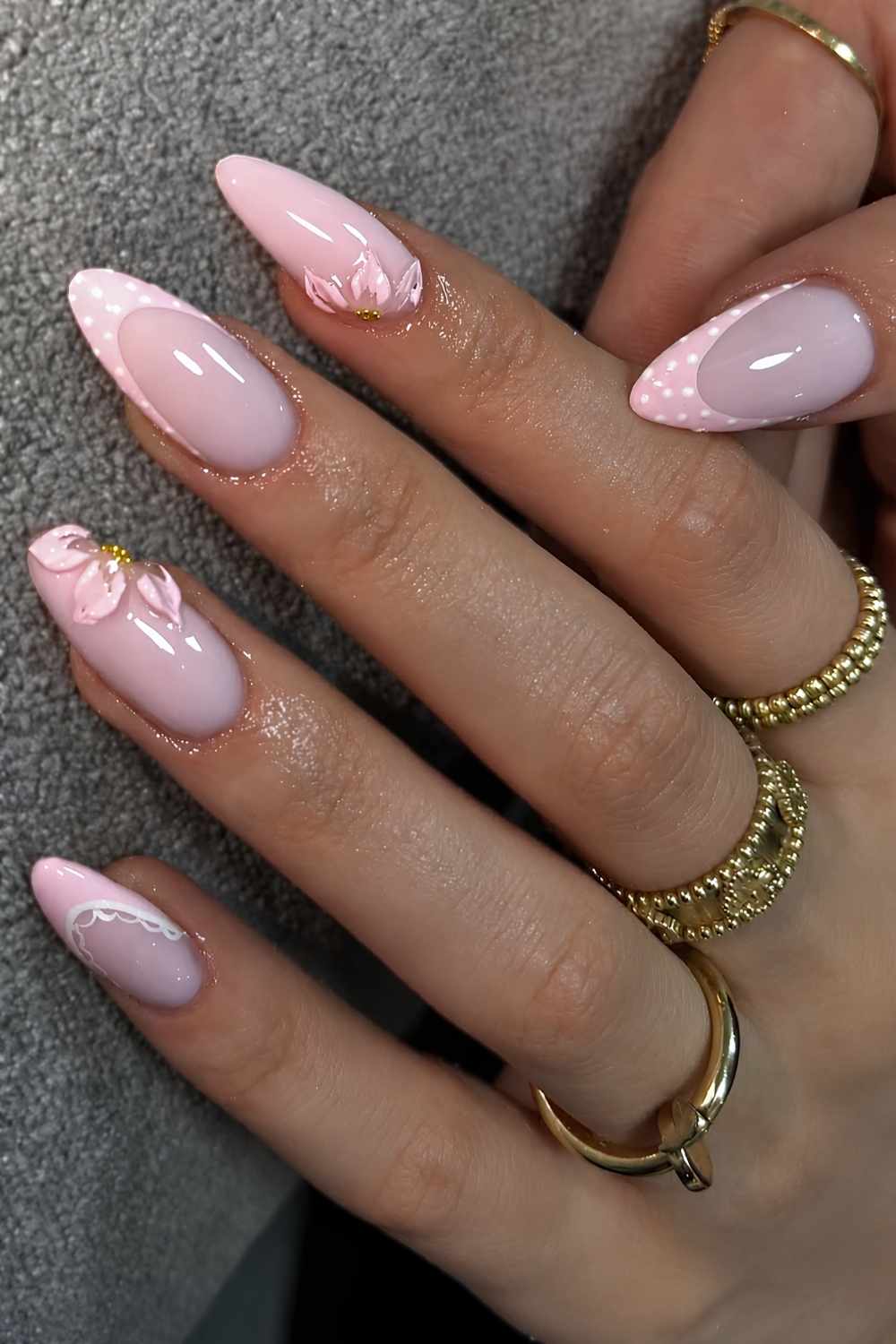 3D Flower Lace Pink French Tip Long Almond Nails 3D Flower Lace Pink French Tip Long Almond Nails — Pink French Tip Nails