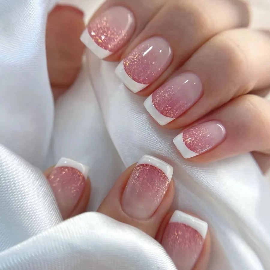 Glitter Pink French Tips Short Square Nails, Close-Up Take Glitter Pink French Tips Short Square Nails, Close-Up Take — Pink French Tip Nails
