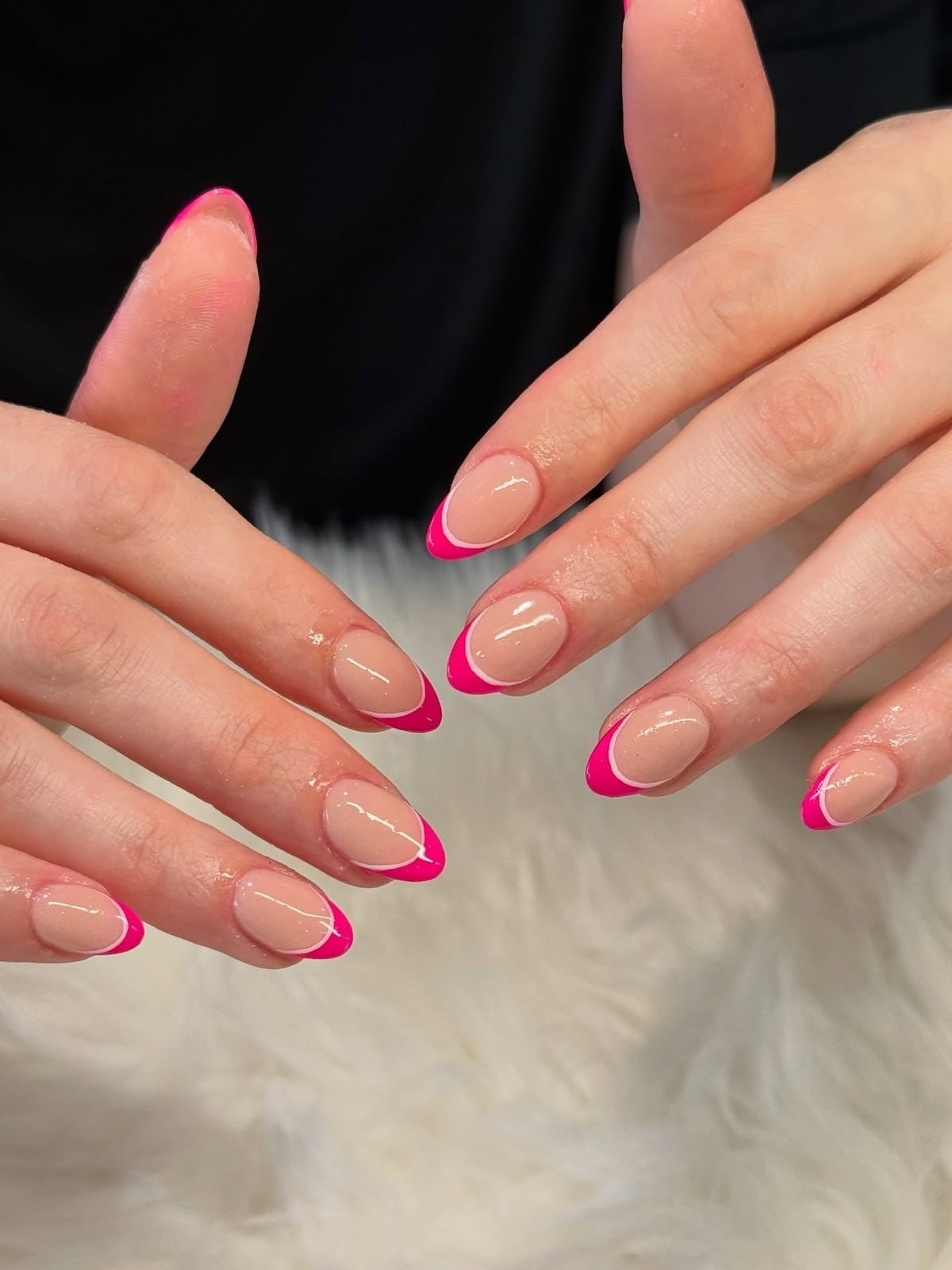 Vibrant Pink French Tips Short Oval Nails, Nude Base Vibrant Pink French Tips Short Oval Nails, Nude Base — Pink French Tip Nails