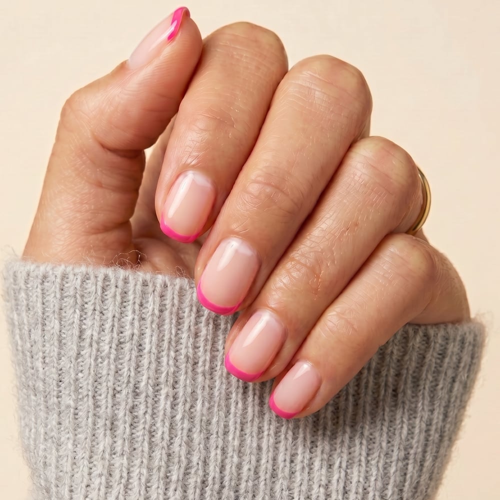 Bright Pink French Tips Short Squoval Nails Bright Pink French Tips Short Squoval Nails — Pink French Tip Nails