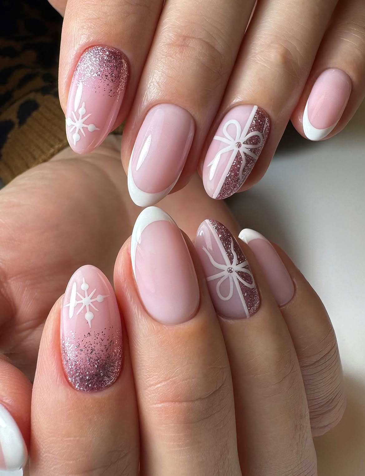 Pink French with Snowflakes and Glitter Bows