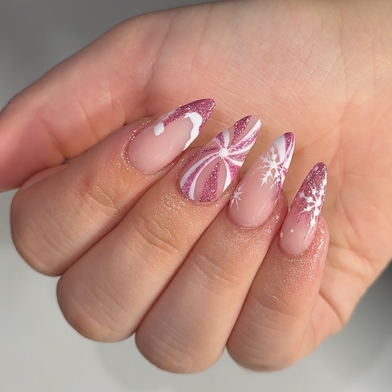 Pink Glitter French Tip Snowflake Almond Nails