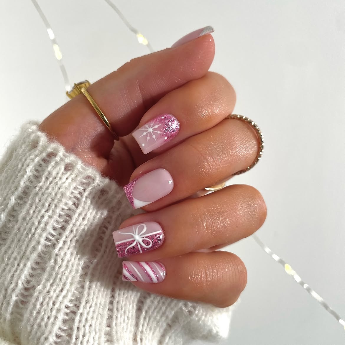 Pink Glitter Snowflake French Tip Nails