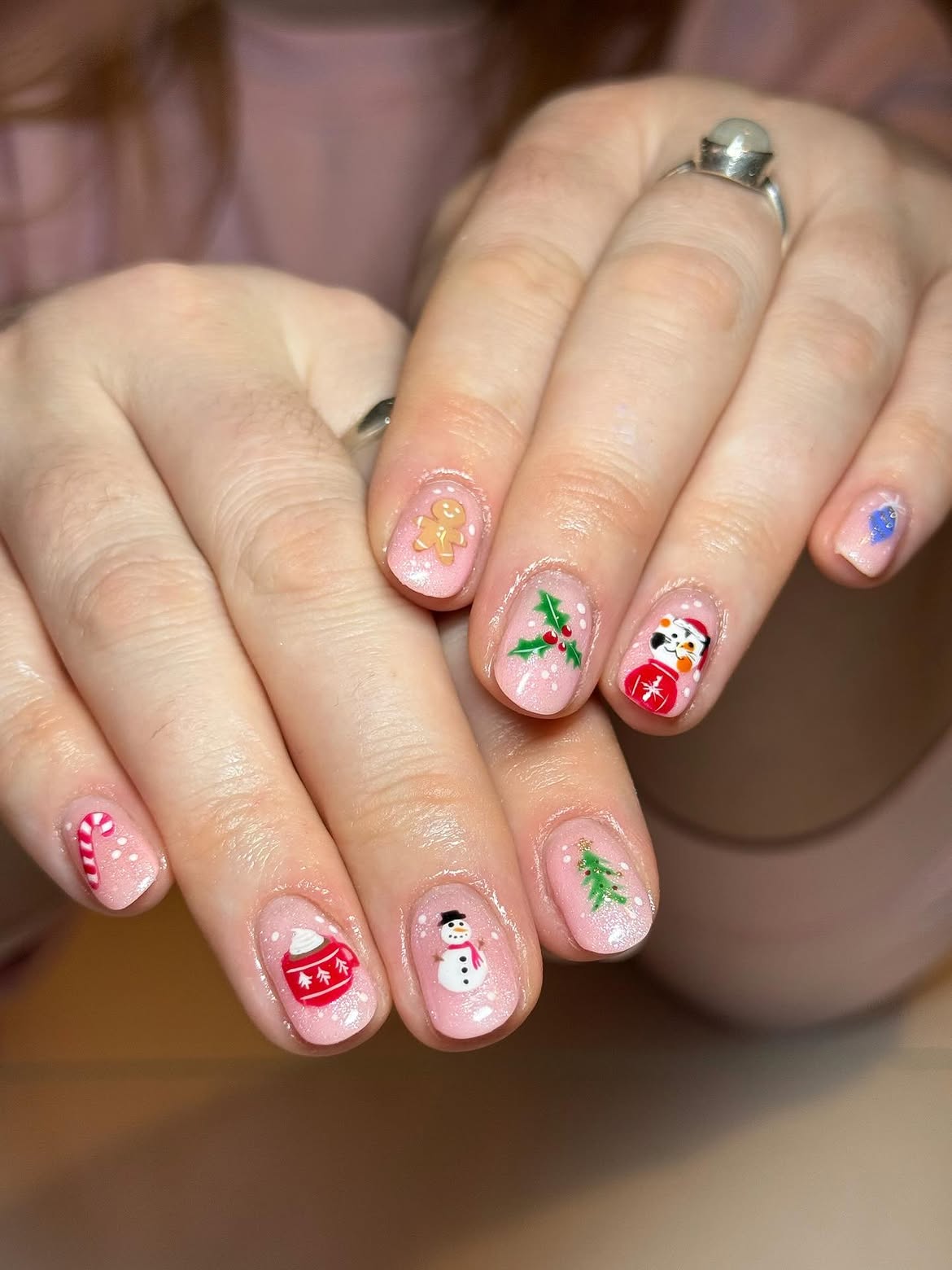 Pink Glitter Snowman Christmas Nail Art