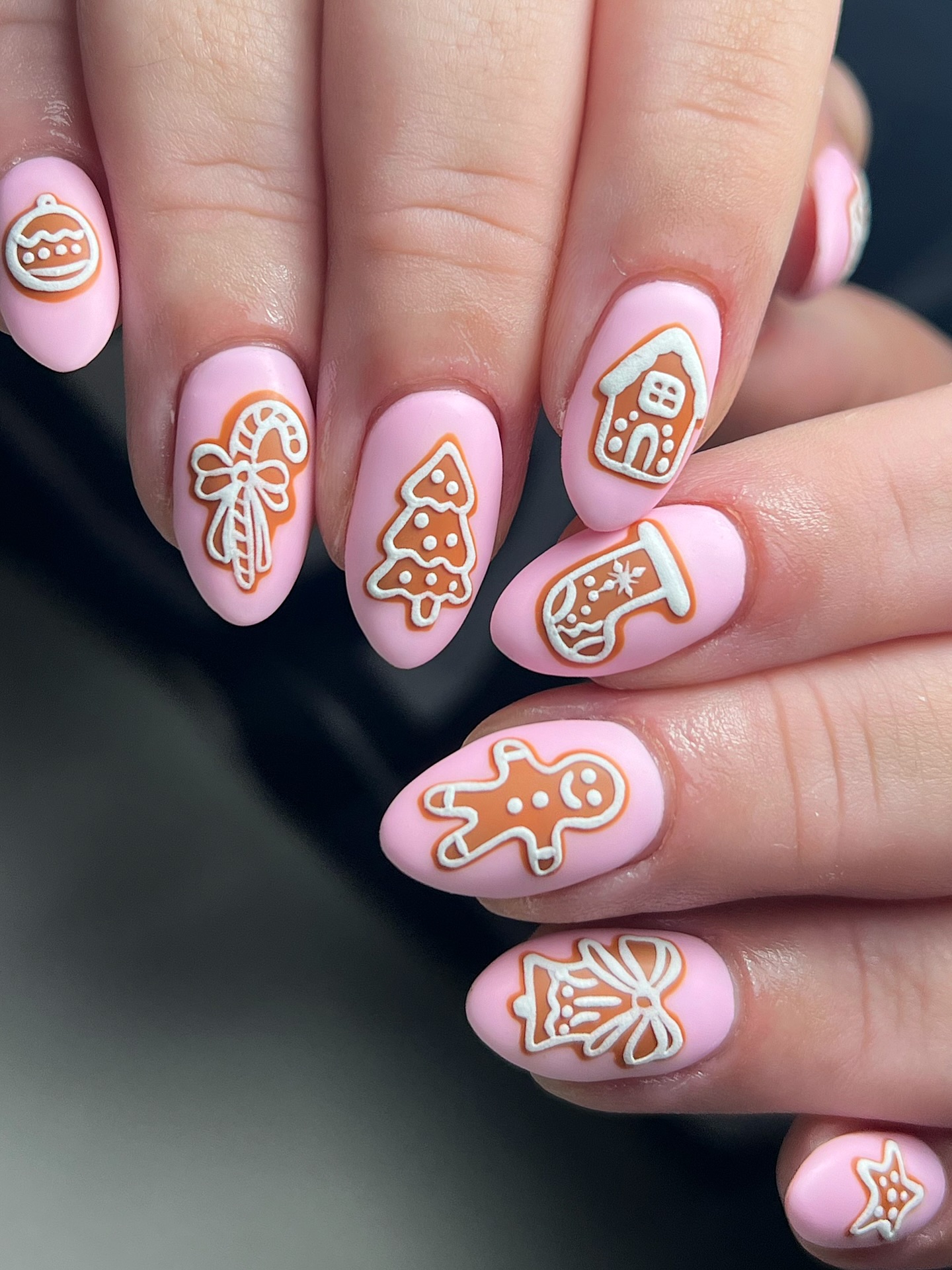 Pink Matte Gingerbread Christmas Nail Art