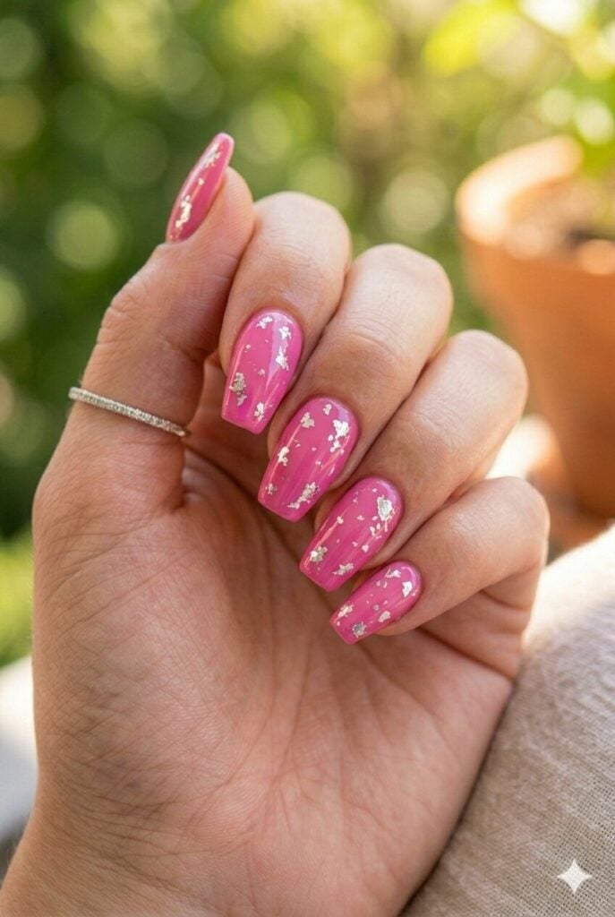 Bright Pink Silver Foil Flakes Medium Coffin Nails Bright Pink Silver Foil Flakes Medium Coffin Nails — Pink Nails
