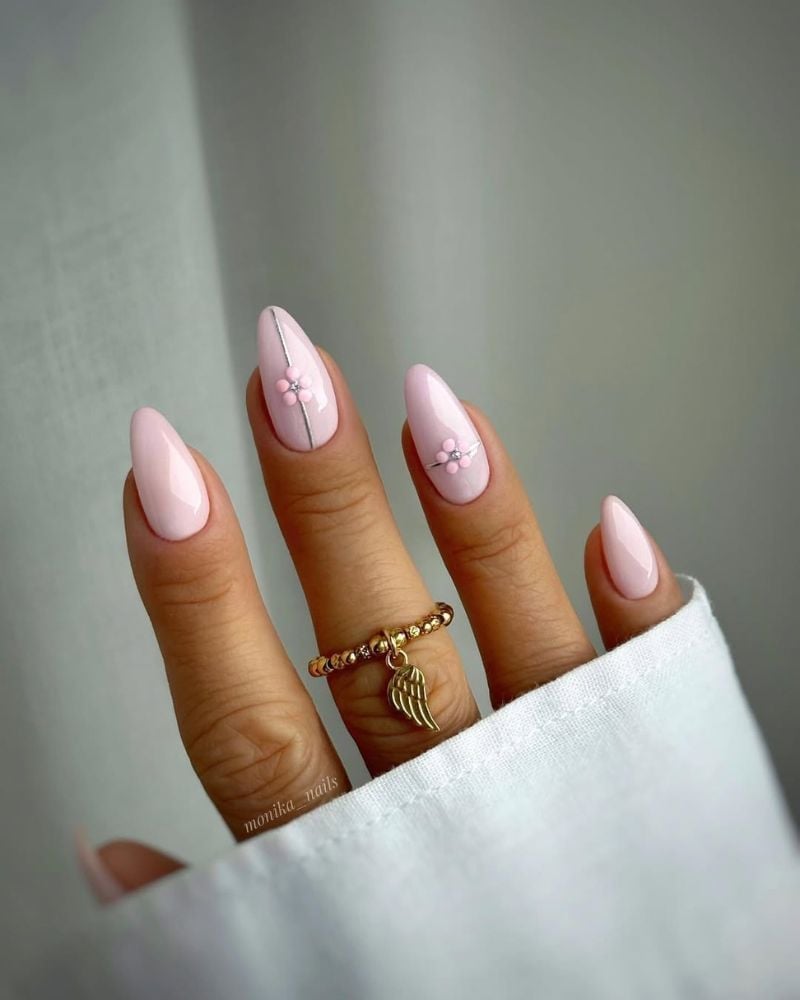 Pale Pink Glossy Accent Floral Rhinestone Nails Pale Pink Glossy Accent Floral Rhinestone Nails — Pink Nails