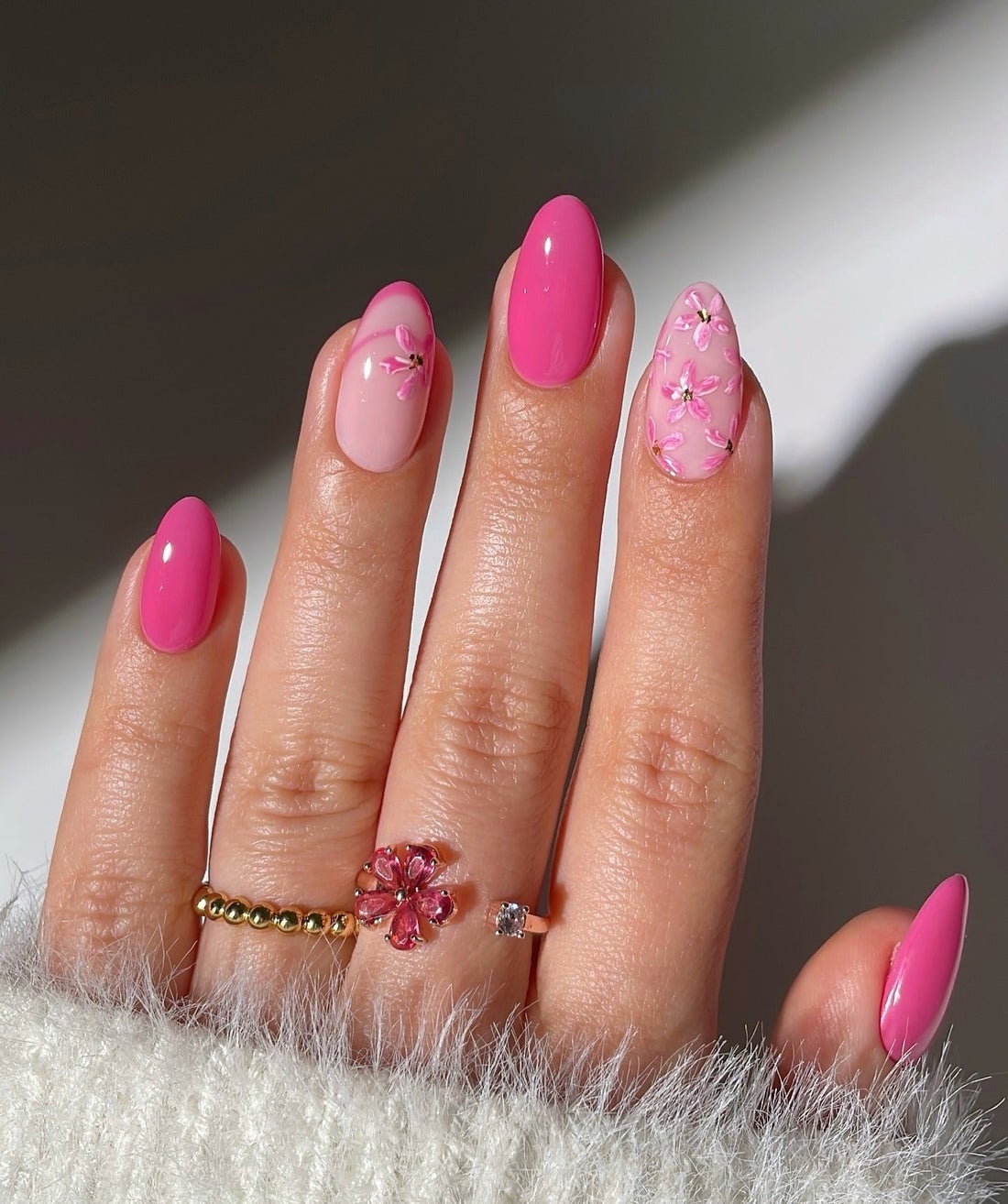 Bright Pink and Light Pink Floral Nails Bright Pink and Light Pink Floral Nails — Pink Nails