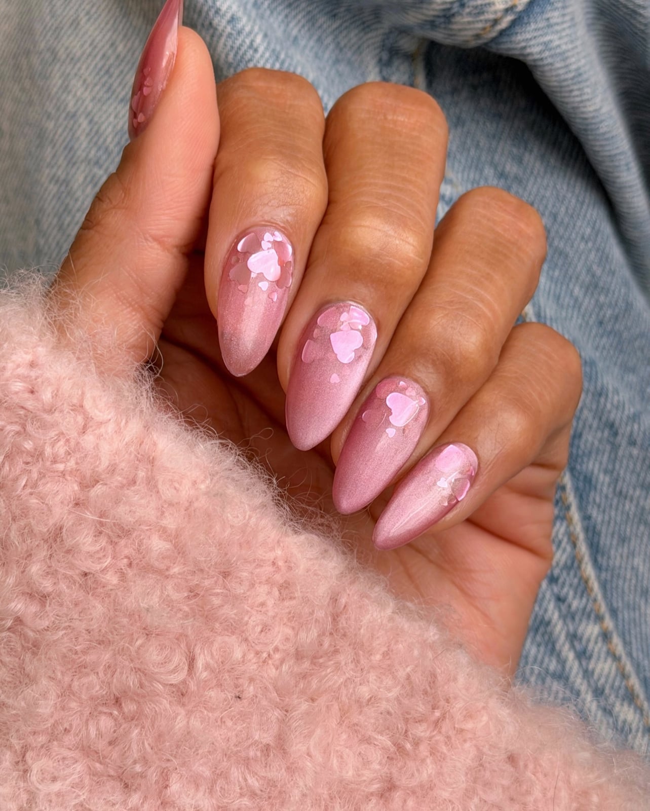 Dusty Rose Heart Glitter Medium Almond Nails Dusty Rose Heart Glitter Medium Almond Nails — Pink Nails
