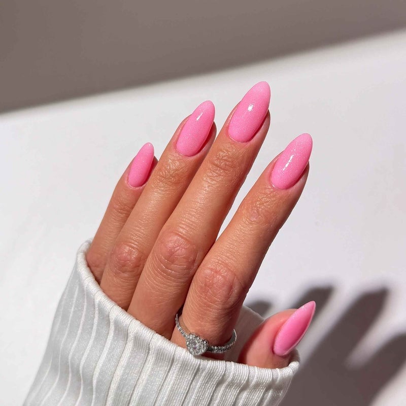 Bright Pink Shimmer Medium Almond Nails Bright Pink Shimmer Medium Almond Nails — Pink Nails