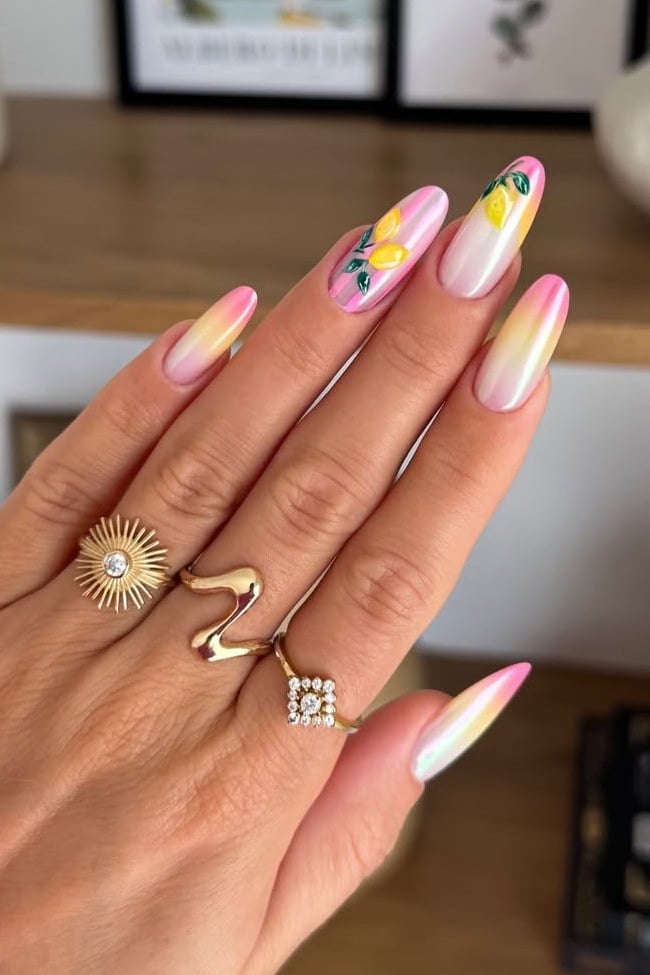 Pink to Yellow Ombre Pearlescent Long Almond Nails Pink to Yellow Ombre Pearlescent Long Almond Nails — Pink Nails