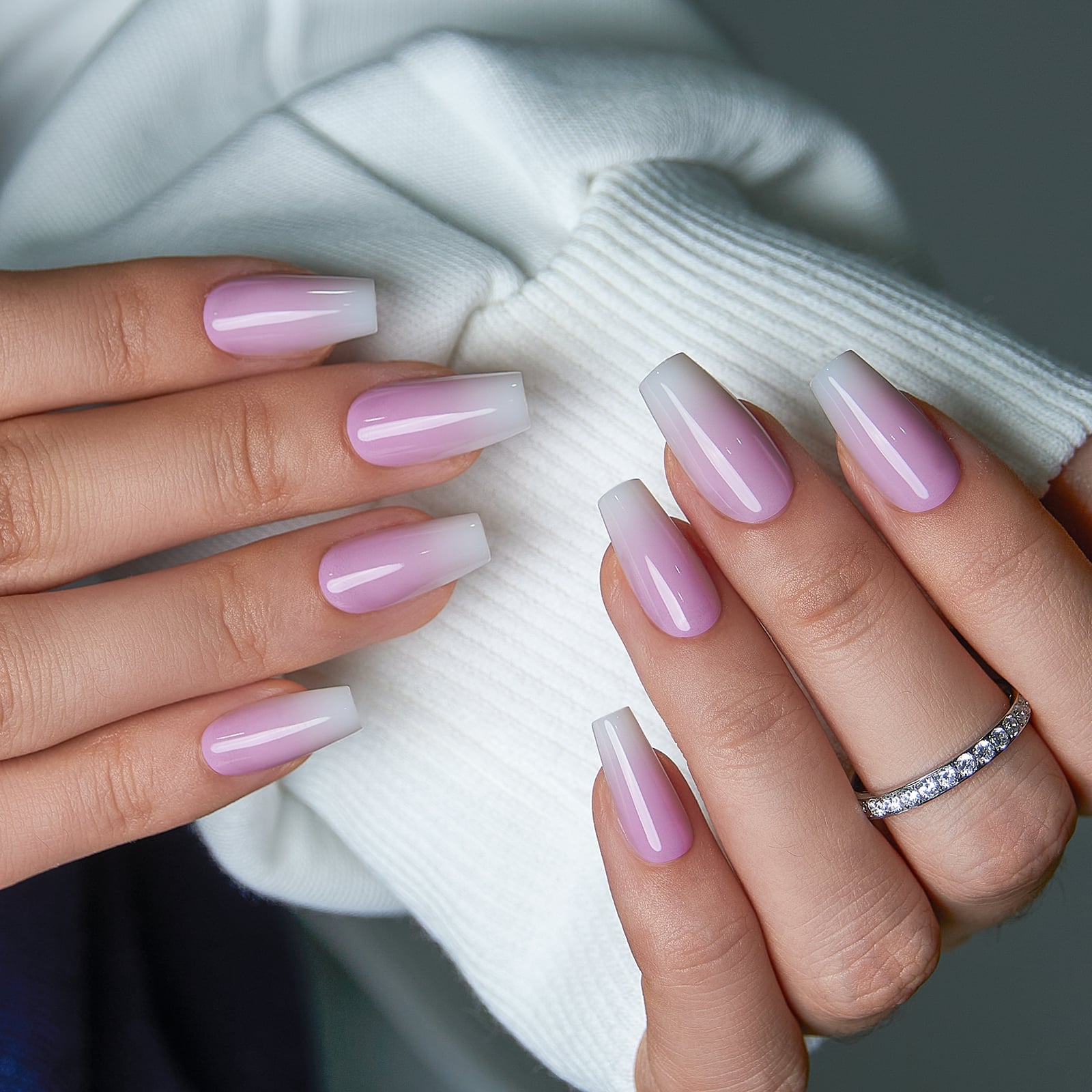 Pink to White Ombre Coffin French Tip Nails Pink to White Ombre Coffin French Tip Nails — Pink Nails