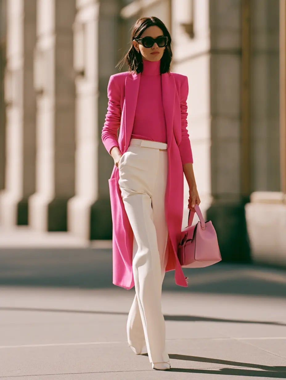 Bright pink longline blazer with white wide-leg trousers Bright pink longline blazer with white wide-leg trousers — Pink Outfits